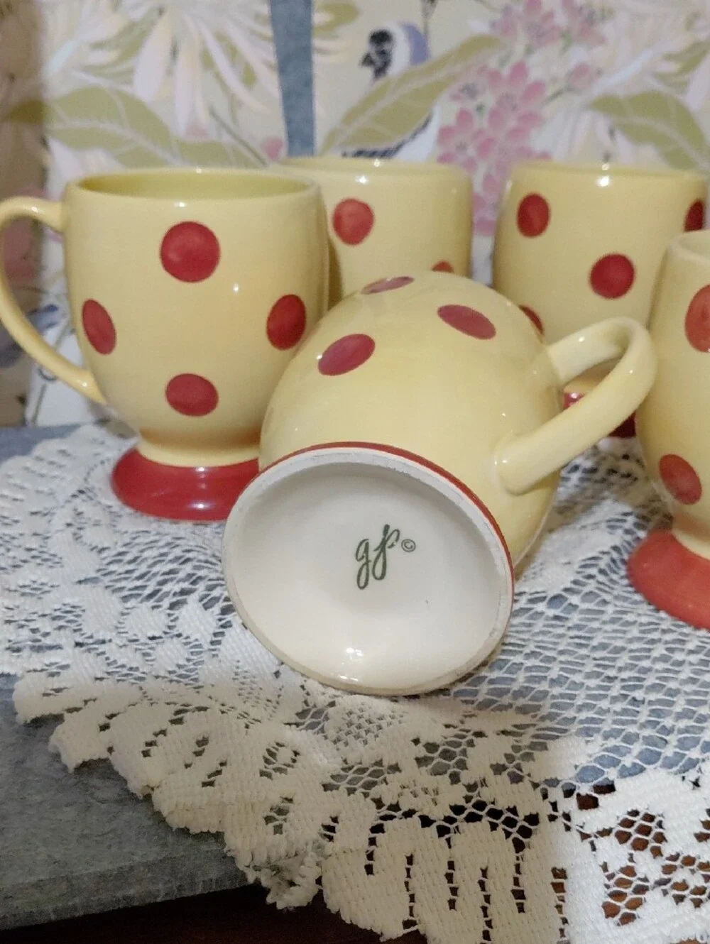 Set of 6 Yellow Ceramic Footed Mugs with Red Polka Dots
